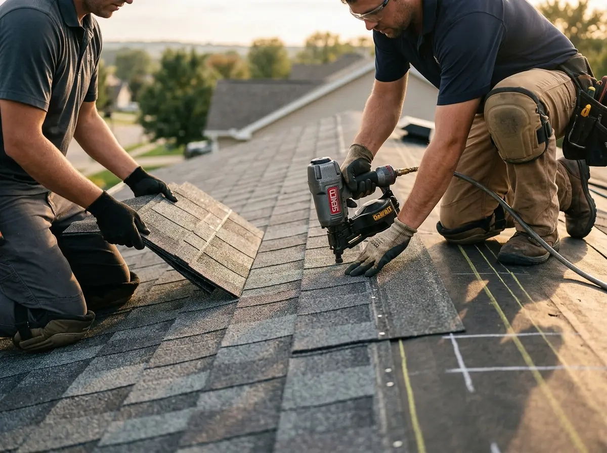 Professional roofer working on a residential roof in Colleyville